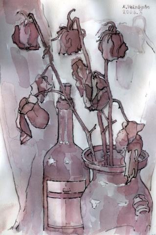 «3 Vītušas Rozes» Papīrs, vīns, 2008. A3